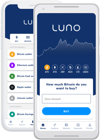 Two mobile devices showing the Luno app wallet screens
