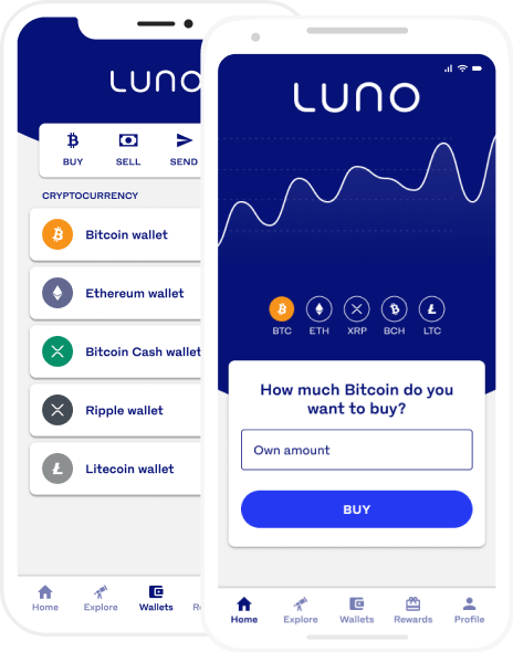 Dua perangkat mobile membuka layar aplikasi Luno