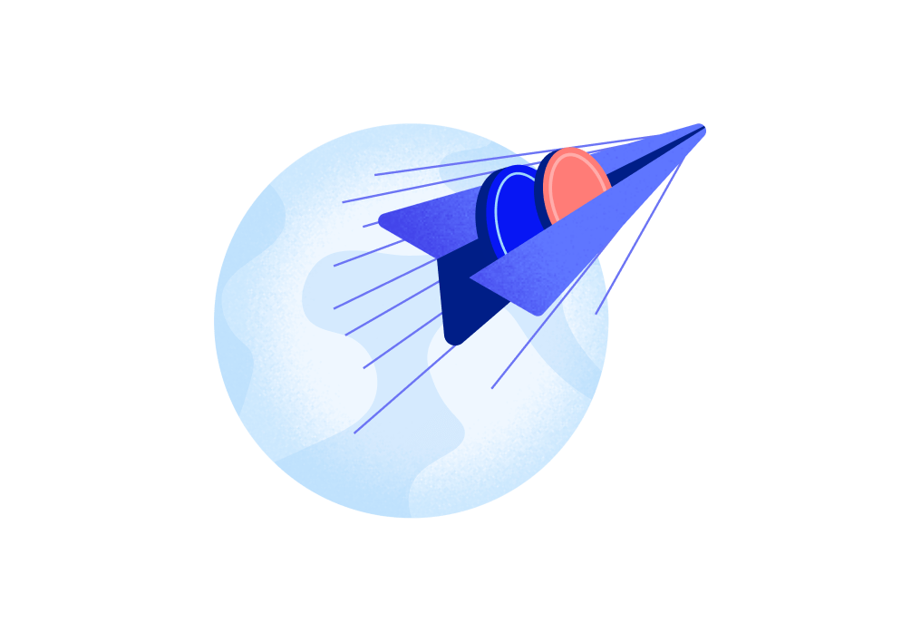 Illustration of paper airplane full of cryptocurrencies