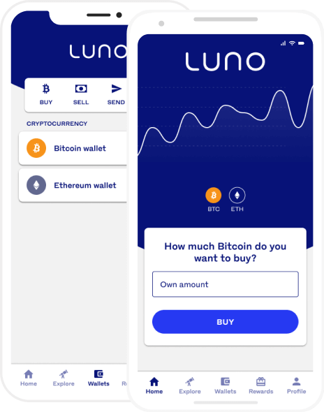 Two mobile devices showing the Luno app wallet screens